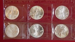 6x Silver Eagles aus 1986-1991 in einer Münzhülle (Silber 186 g ...