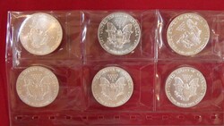 6x Silver Eagles aus 1986-1991 in einer Münzhülle (Silber 186 g ...