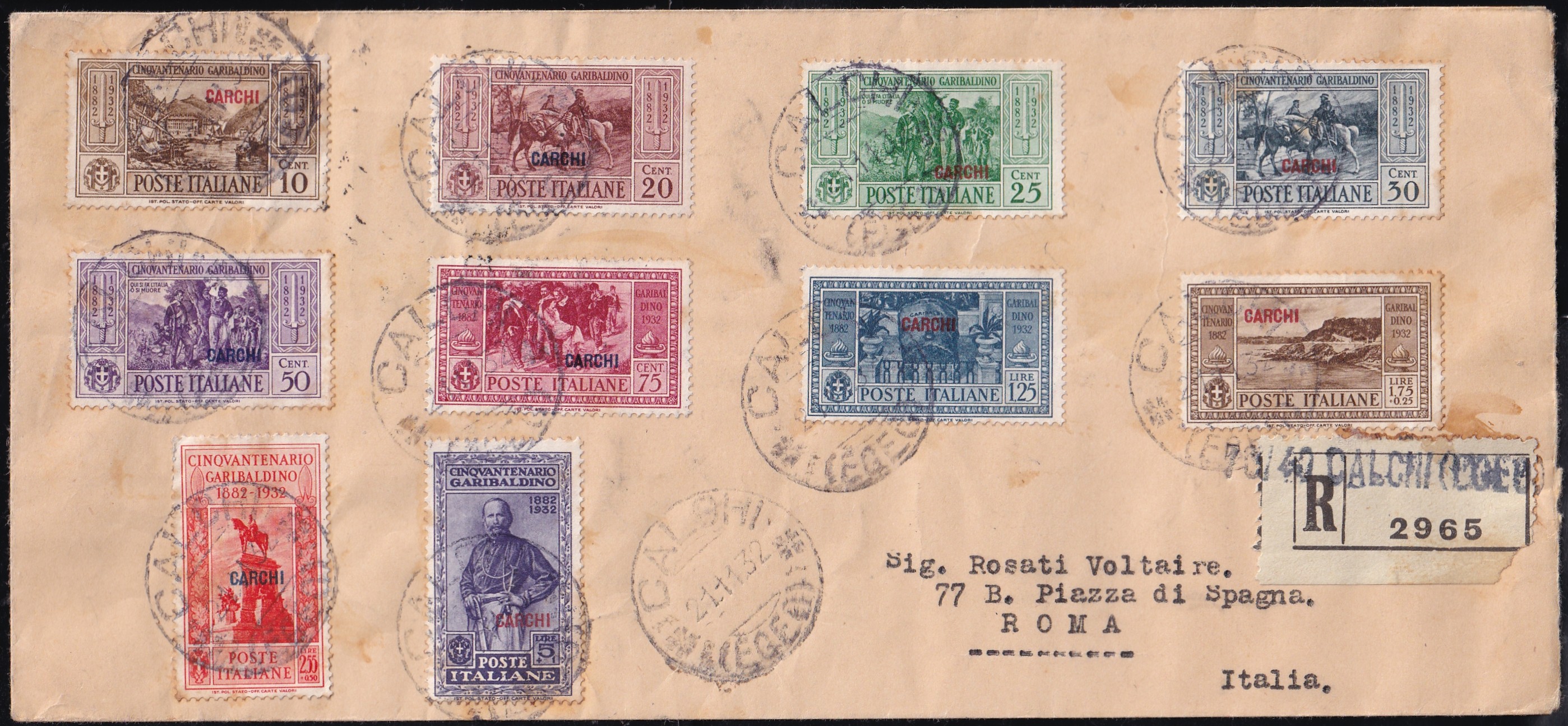 Ägäische Inseln 1932 Satz "Centenario Garibaldino" auf 13 ...