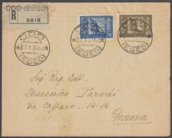 Ägäische Inseln 17.1.1934 COO (Kos) R-Brief nach Genova mit 10 + 30 ...