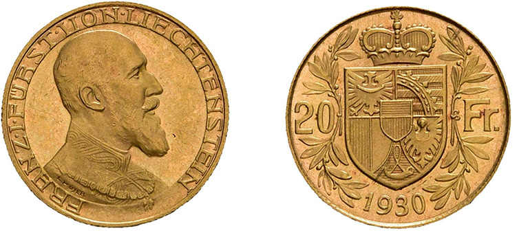 20 Franken 1930, Franz I., Fb. 15, vorzüglich bis Stempelglanz.