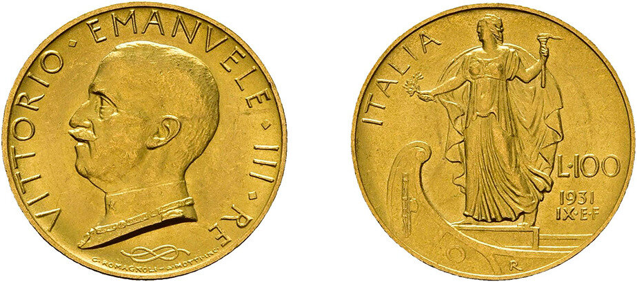 100 Lire Gold 1931, Vittorio Emanuele III., Fb. 33, vorzüglich