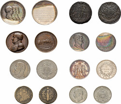 Lot von 8 Münzen und Medaillen. Enthalten sind: Frankreich 5 Francs ...