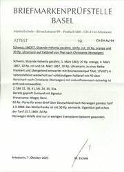 Sitzende Helvetia20 Rp. orange und 10 Rp. rot und 30 Rp. ultramarin, ...