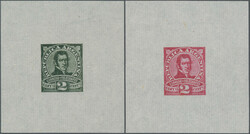 1890 ca., WRAPPER: two 2 C DIE PROOF cut squares in CARMINE resp. ...