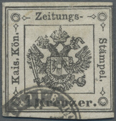 1858, 1 Kr. schwarz, Type I, links teils Randlinienschnitt, sonst gut ...