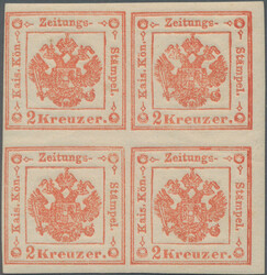 1859, 2 Kr ziegelrot, Type II, Viererblock vom rechten Bogenrand, ...
