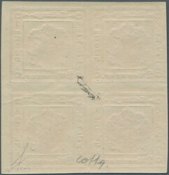 1859, 2 Kr ziegelrot, Type II, Viererblock vom rechten Bogenrand, ...