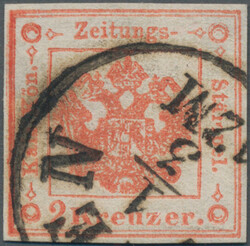 1858, 2 Kr. rot, gut gerandet, mit seltenem Oesterreich-Stempel WIEN, ...
