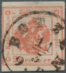 1858, 2 Kr. rot, links teils Randlinienschnitt, sonst voll- bis ...