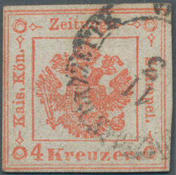 1858, 4 Kr. rot, eng geschnitten, mit K 2 I.R.SPEDIZIONE GAZETTE ...