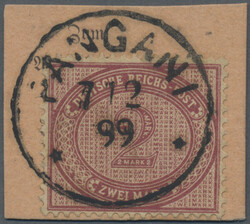 1899, 2 Mark dunkelrotkarmin, Plattenfehler V auf ...