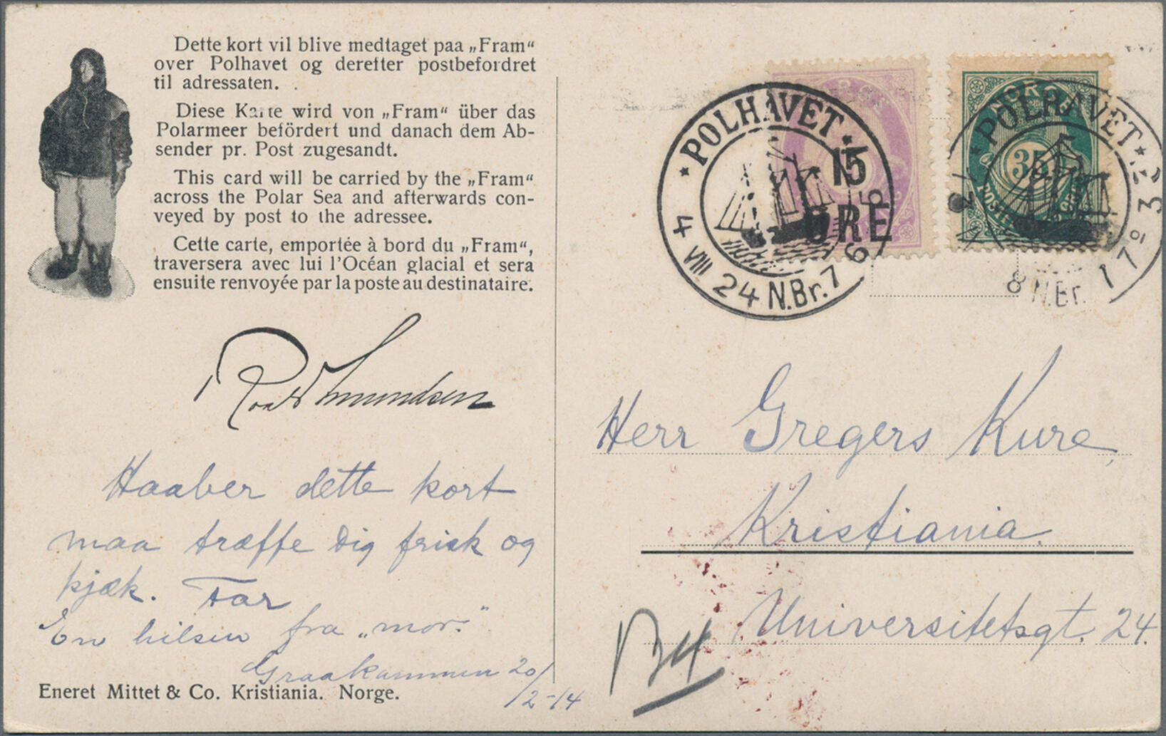 1924, FRAM ppc "Frozen Fram", franked with Norway 35 øre green tied ...