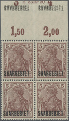 1920, 5 Pfg. Germania im Viererblock vom Oberrand mit Abklatsch des ...