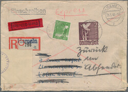 1948, 2 Mark Taube und 10 Pfg. Arbeiter als portogerechte 2.10 ...