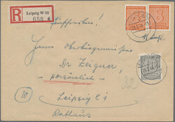 1945/1946, 2 x 8 Pf lebhaftrotorange, 10 Pf grau sowie rückseitig ...