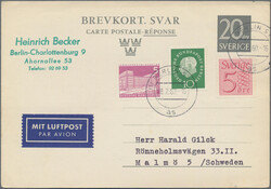 1960/1961, zwei schwedische Antwortkarten mit Zusatzfrankatur ab ...