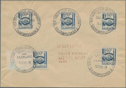 1948, Saar III, 60 C, fünf Einzelwerte auf tarifrichtiger Drucksache ...