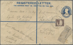 1949 Postal stationery registered envelope KGVI. 3a.+1½a. blue optd. ...