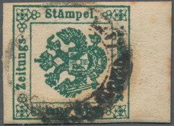1853, 2 Kr. dunkelgrün, Unterrandstück (6mm) mit Lombardei-Stempel ...