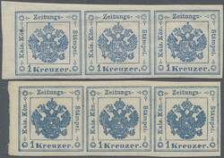 1859, 1 Kr. blau, Type IIa bzw. IIb, zwei waagerechte Dreierstreifen ...