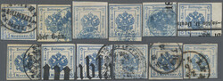 1859, 1 Kr. blau, Type I (Provisorium), Zusammenstellung von 12 ...