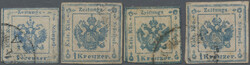 1859, 1 Kr., Lot von 4 Fälschungen ungebraucht bzw. gestempelt, ...