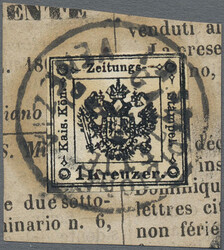 1859, 1 Kr. schwarz, vollrandig, auf Briefstück, K 1 I.R.SPEDIZIONE ...