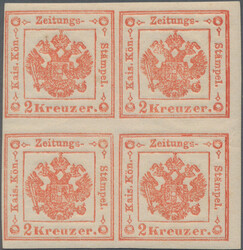 1859, 2 Kr ziegelrot, Type II, Viererblock vom rechten Bogenrand, ...