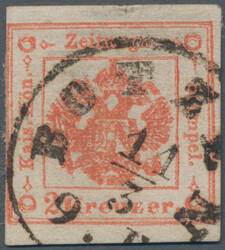 1858, 2 Kr. rot, links teils Randlinienschnitt, sonst voll- bis ...