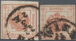 1859, 2 Kr. rot, zwei Exemplare, noch voll- bis breitrandig, je mit ...