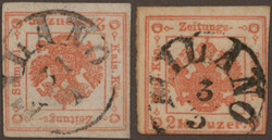 1859, 2 Kr., zwei Exemplare, eines rechts berührt, je mit K 1 MILANO ...