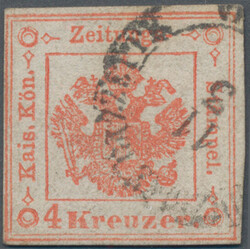 1858, 4 Kr. rot, eng geschnitten, mit K 2 I.R.SPEDIZIONE GAZETTE ...