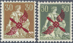 1919-20 Flugpost 30 Rp. und 50 Rp. je mit rotem Propelleraufdruck, ...