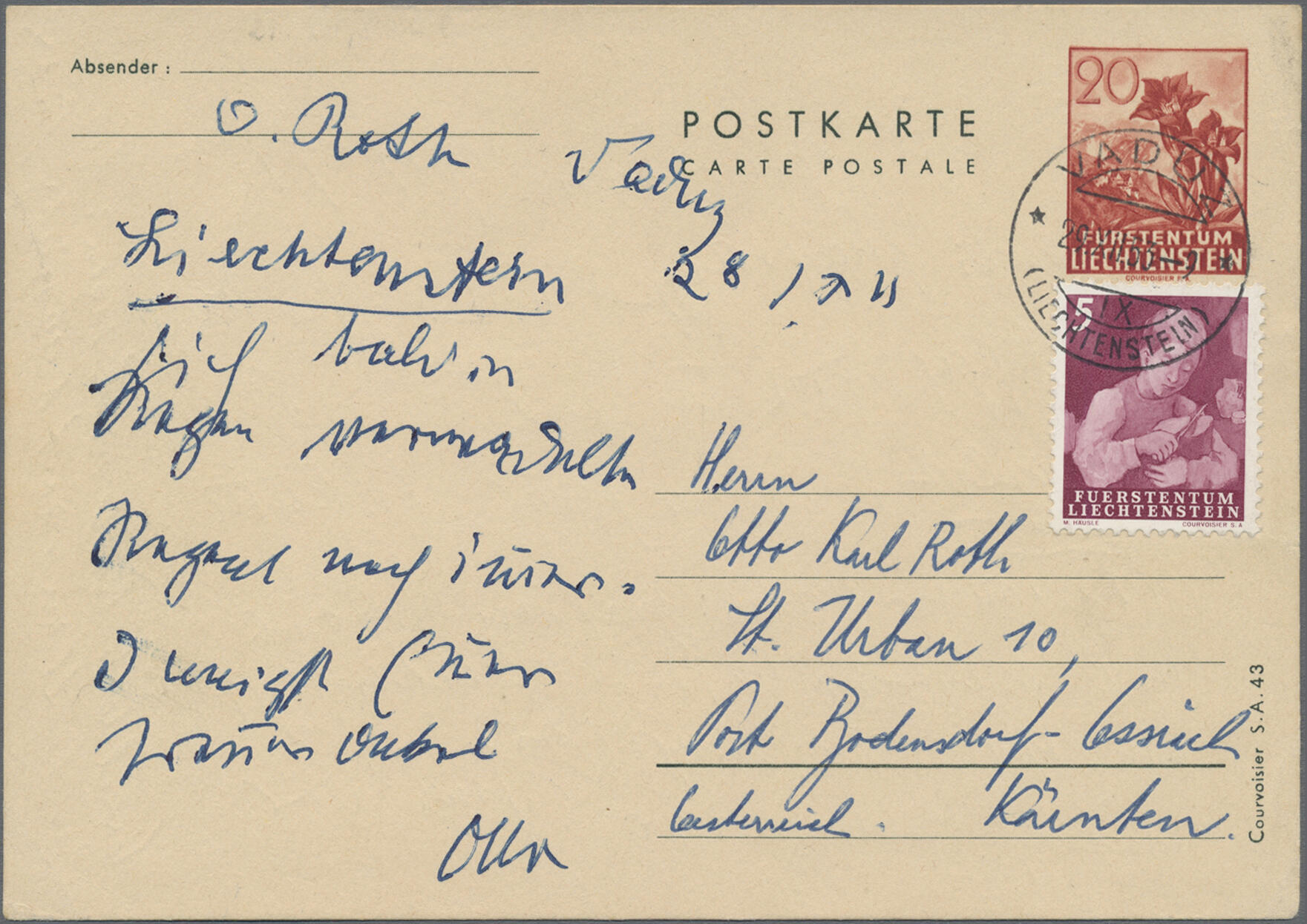 1953, 20 Rp. Enzian mit DV Courvoisier S.A.43, wegen Portoerhöhung ...