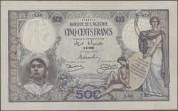 500 Francs 2.8.1926, P. 82, 2 rusty staple holes, otherwise AU and ...