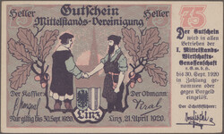 Linz, Mittelstandsvereinigung, 25, 50, 75 Heller 21.4.1921, Kath. ...