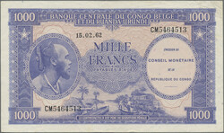Congo-Kinshasa, 1000 Francs 15.2.1962, P. 2, stains, Good VF