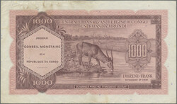 Congo-Kinshasa, 1000 Francs 15.2.1962, P. 2, stains, Good VF