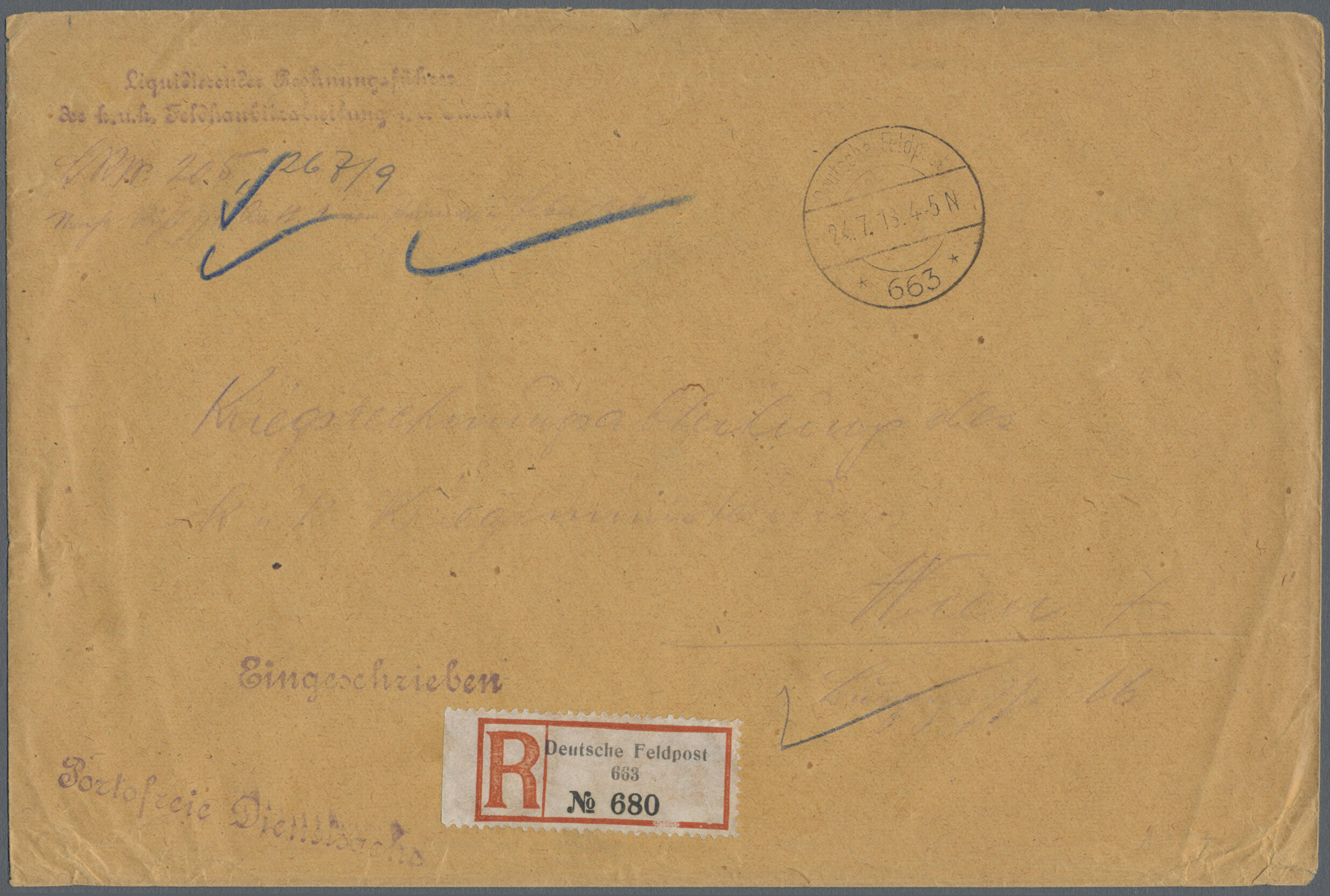 1918 (24.7.), "Portofreie Dienstsache" mit Tarnstempeln "Deutsche ...