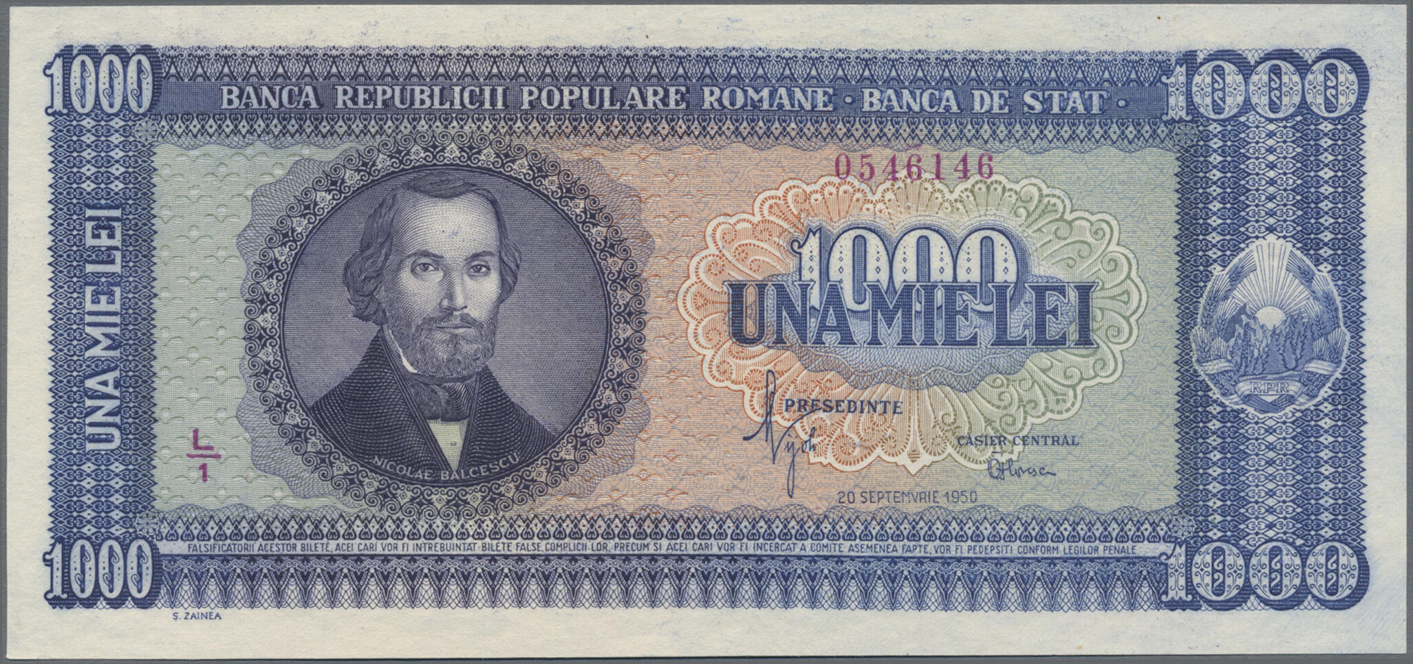 1000 Lei 20.9.1950, P. 87, UNC