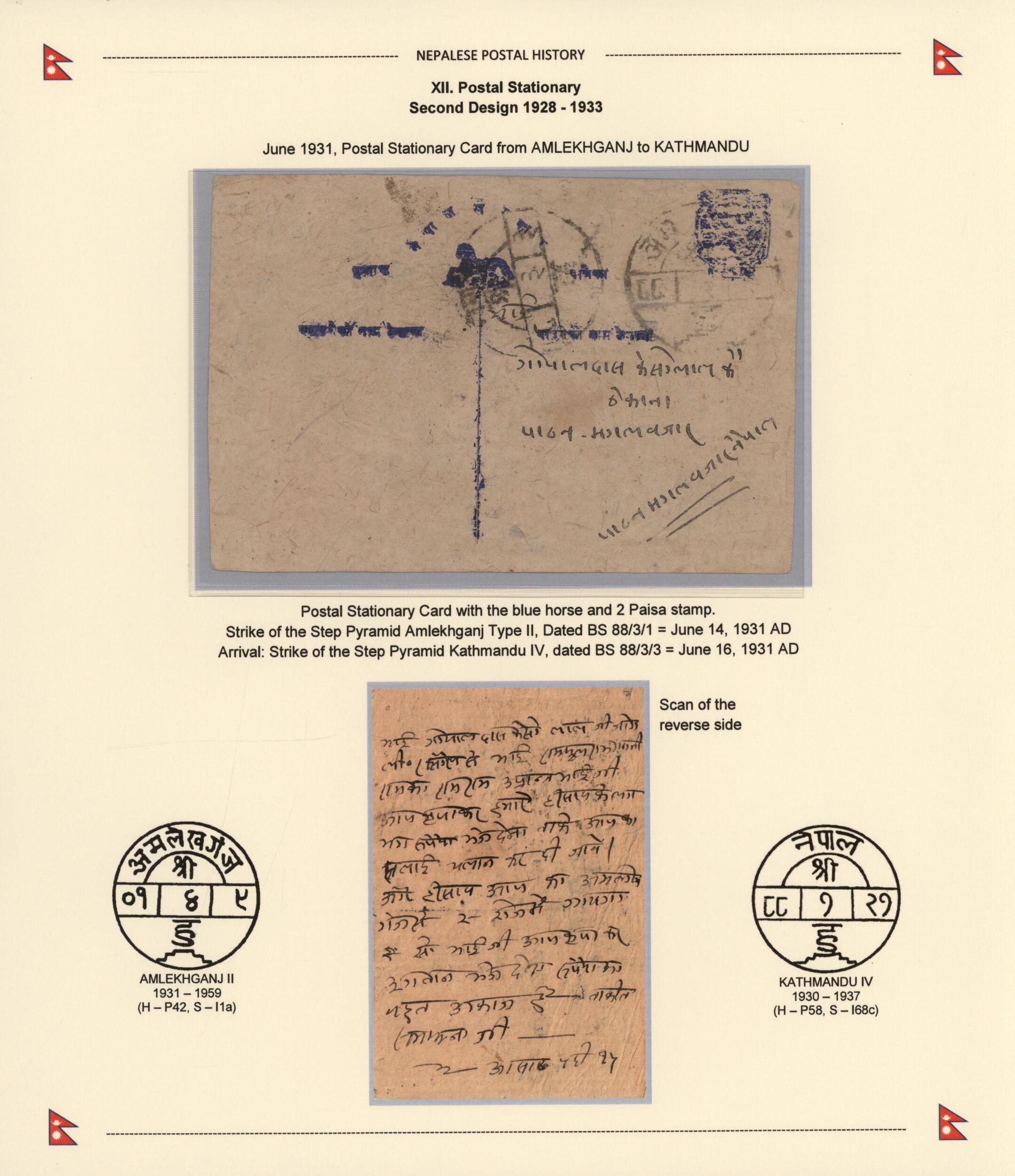 1928-33 Postal stationery card "Horse" 2p. blue, used from Amlekhganj ...