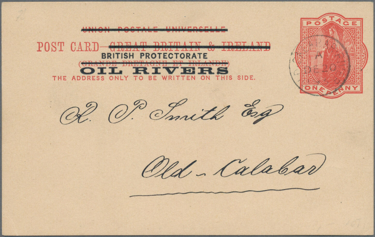 1893, Postal card 1d. vermillion used locally "OLD CALABAR RIVER DE ...
