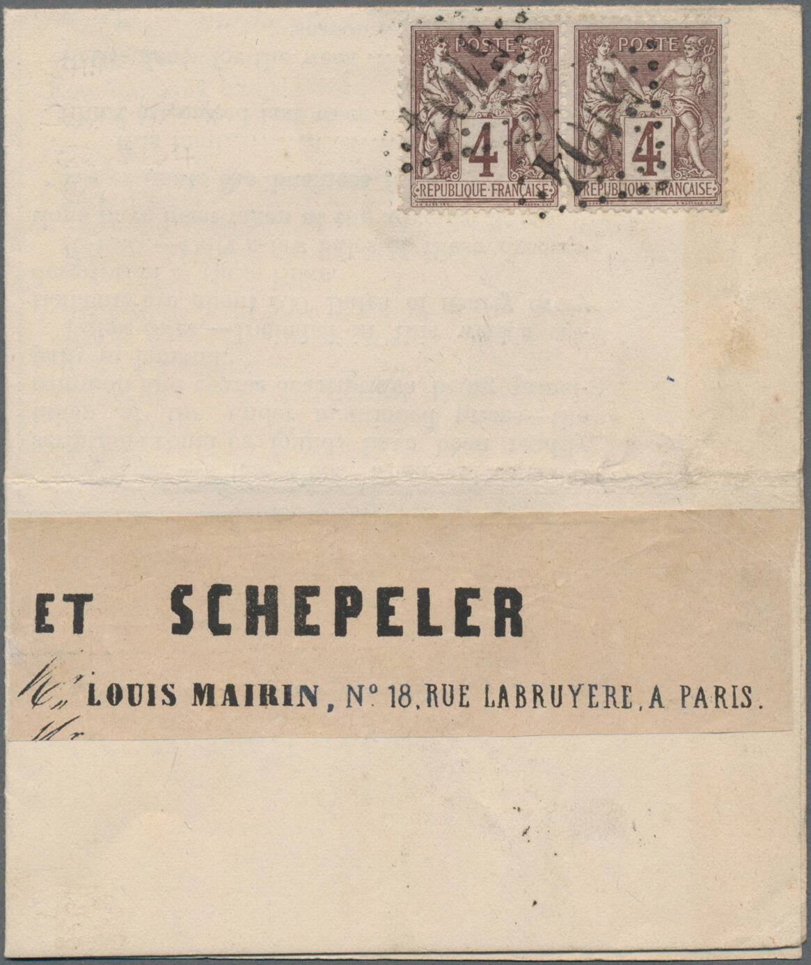 1879, Sage 4c. violet-brown, horizontal pair with two clear strikes ...