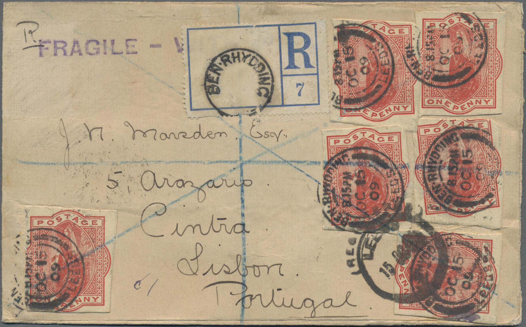 1909: Six postal stationery cut-outs 1d. red used on registered cover ...