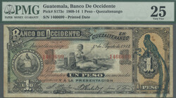 Banco de Occidente, 1 Peso 1.8.1914, PMG 25, Reverse Stains, P. S173c ...