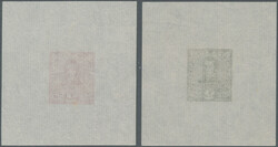 1890 ca., WRAPPER: two 2 C DIE PROOF cut squares in CARMINE resp. ...
