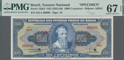 1000 Cruzeiros ND (1953-1959), SPECIMEN, PMG 67 EPQ, P. 156s2, UNC
