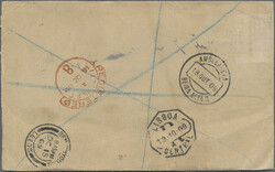 1909: Six postal stationery cut-outs 1d. red used on registered cover ...