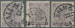 1858 9 øre violet, three used singles with different datestamps, one ...